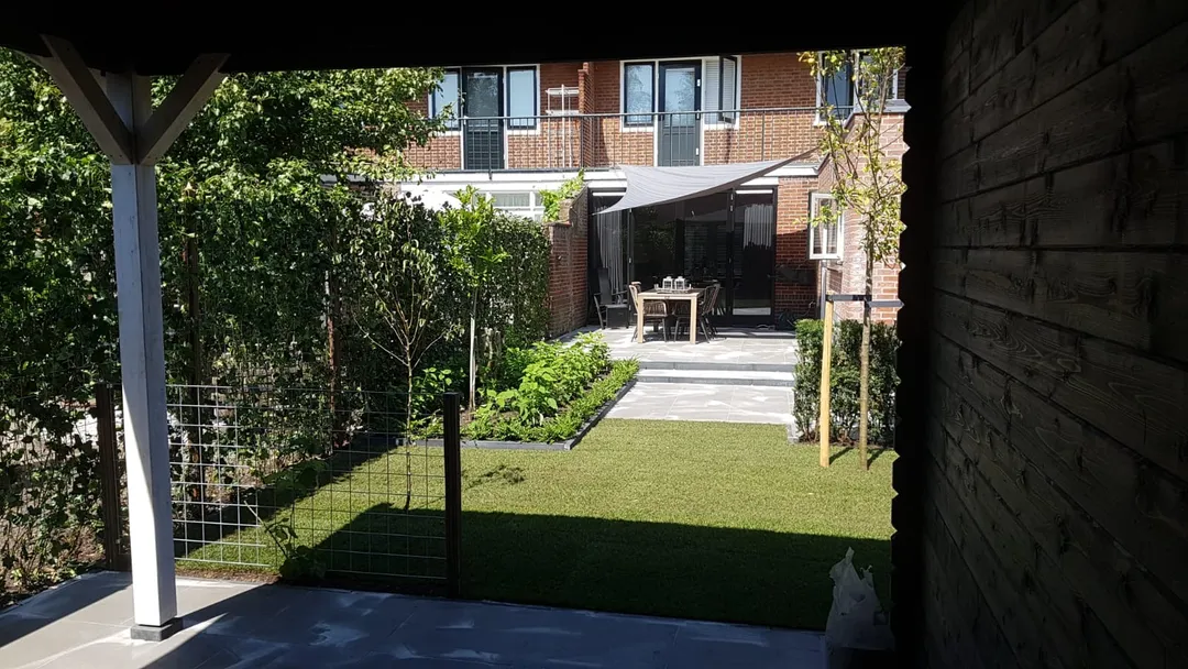 Achtertuin met gazon, leibomen en terras